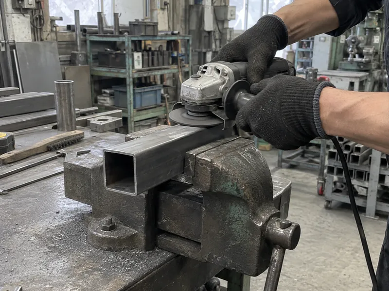万力に固定した角パイプをグラインダーで加工しているところ