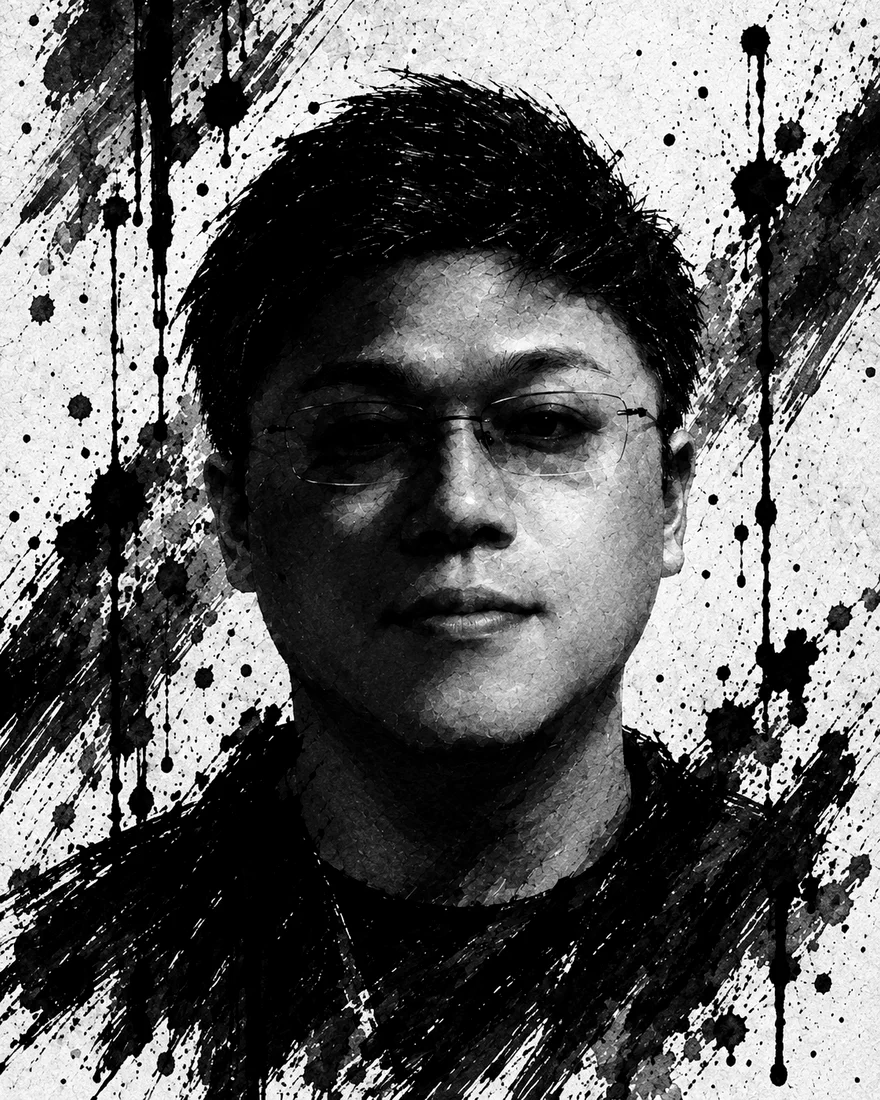 鐵彩のつくり手の肖像。墨をはねかせたような白黒の絵